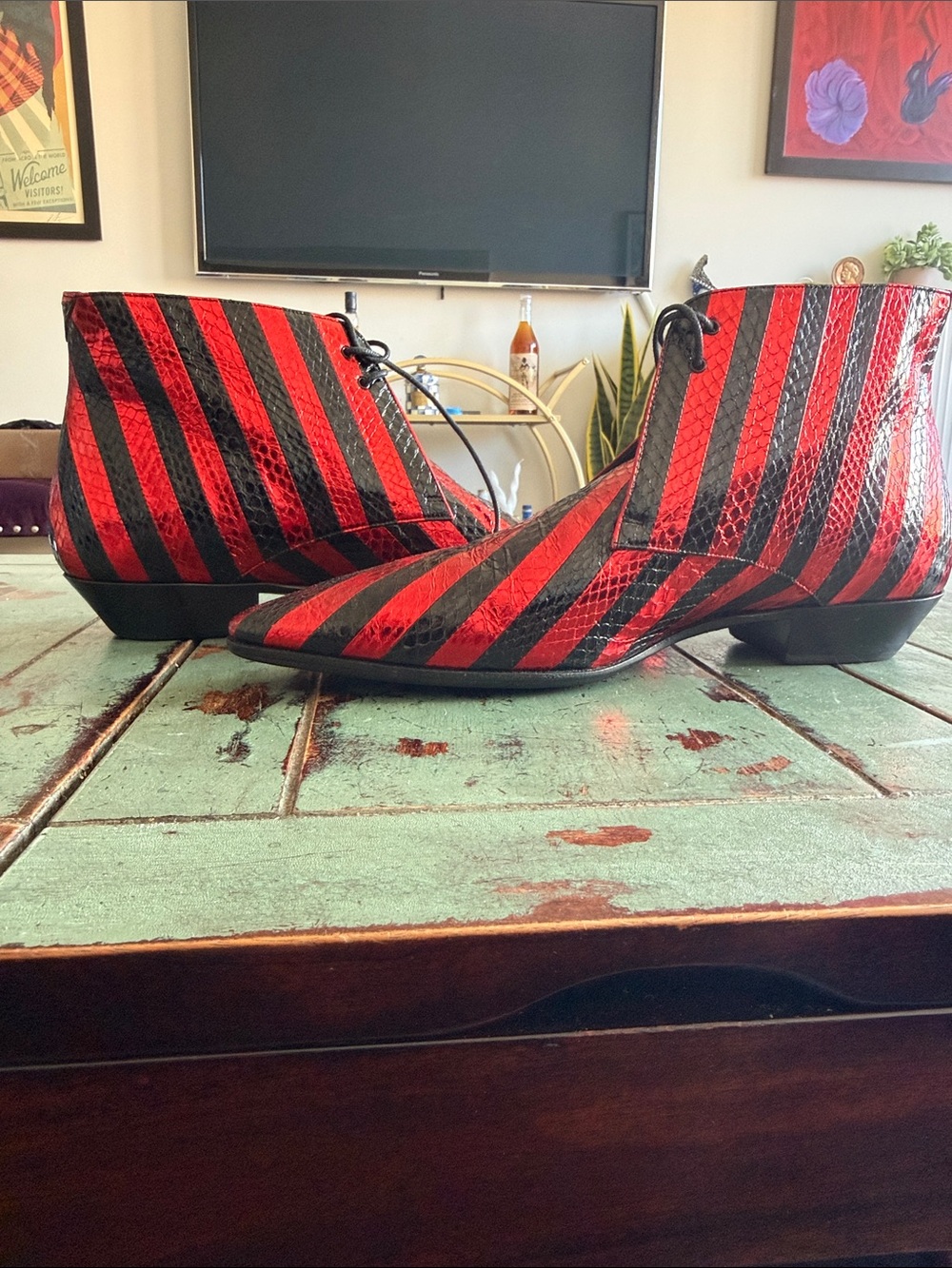 Saint Laurent Men’s 44 Red and Black Striped Pointed Ankle Boots